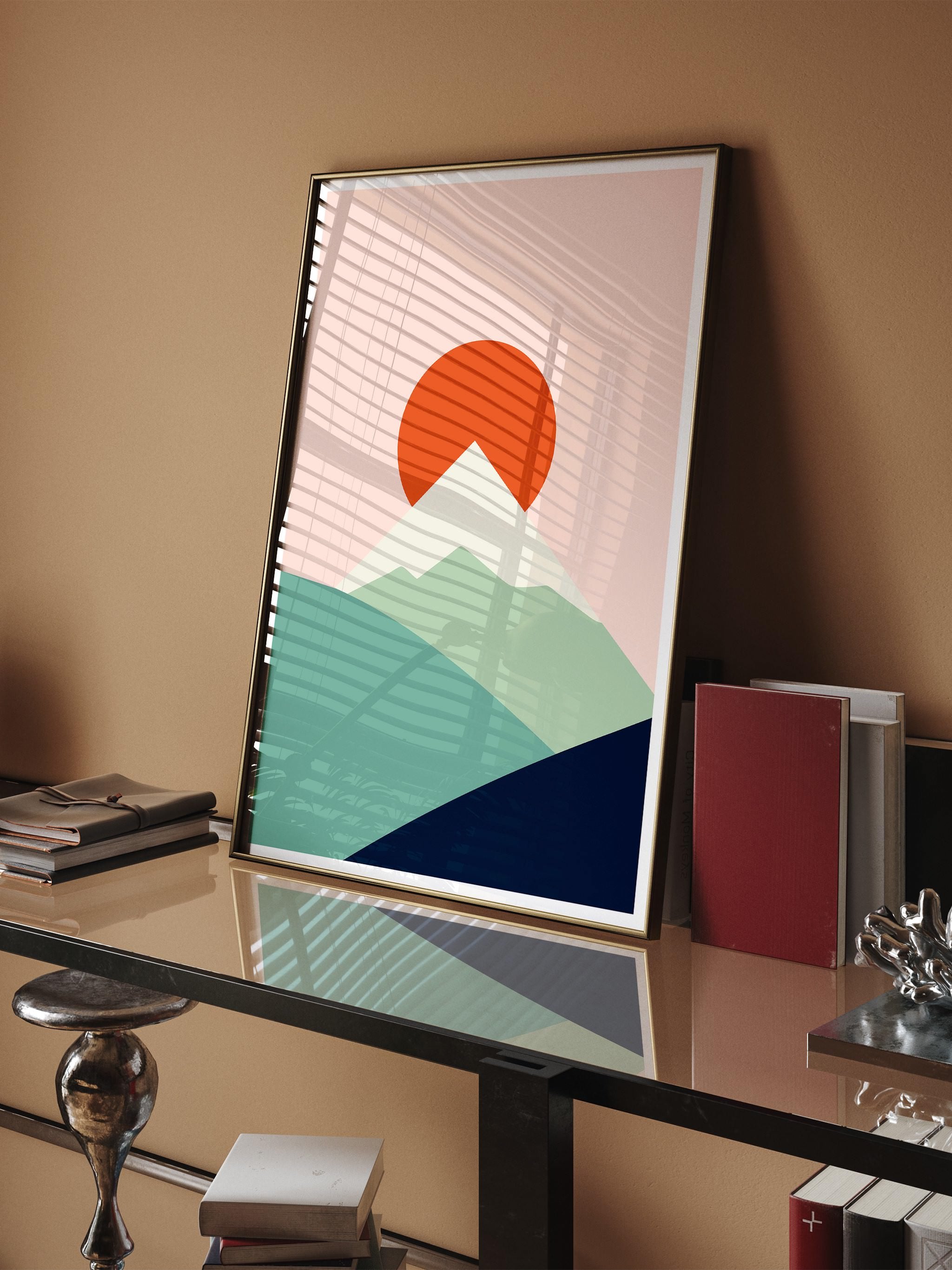 Printed poster with minimalist mountain and sun design