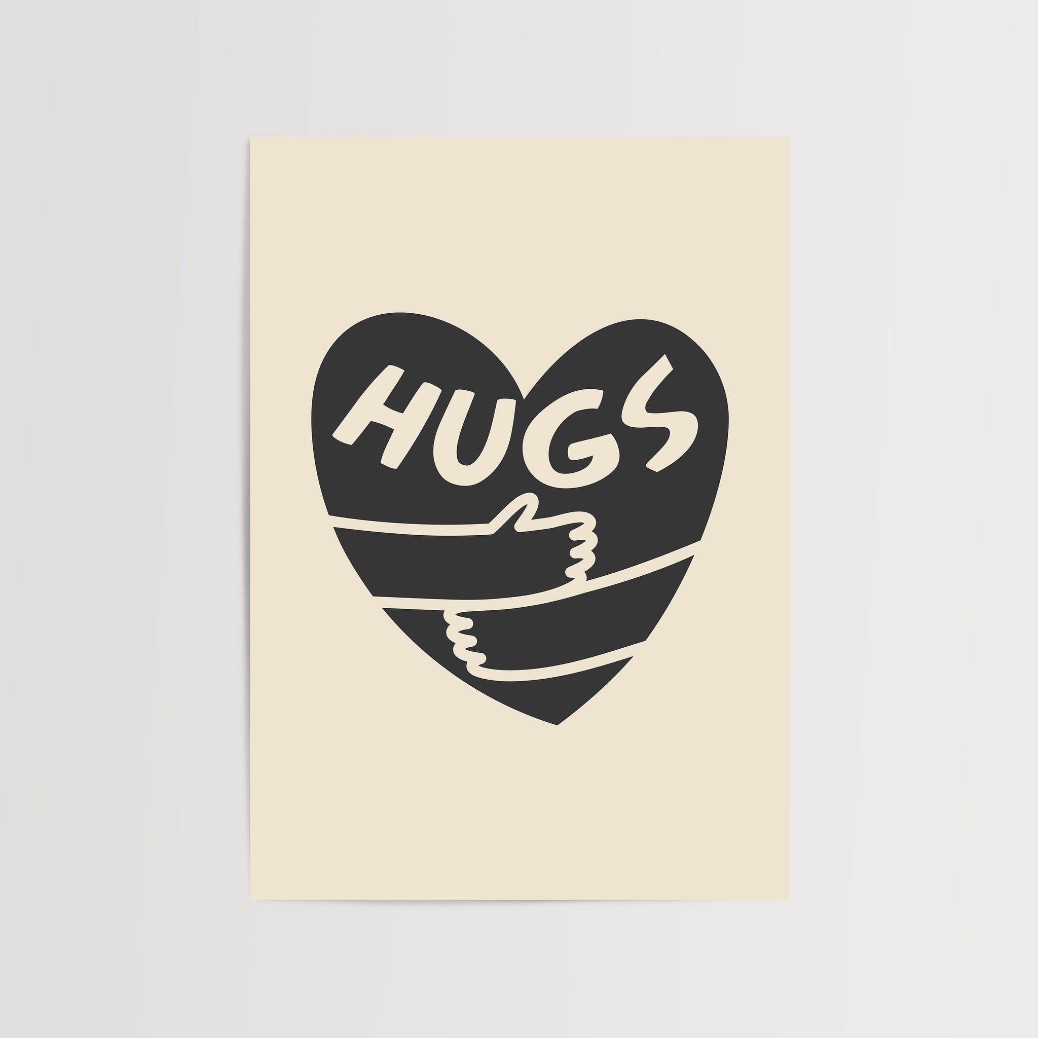 Minimalist black heart with 'Hugs' text and hugging arms on beige background
