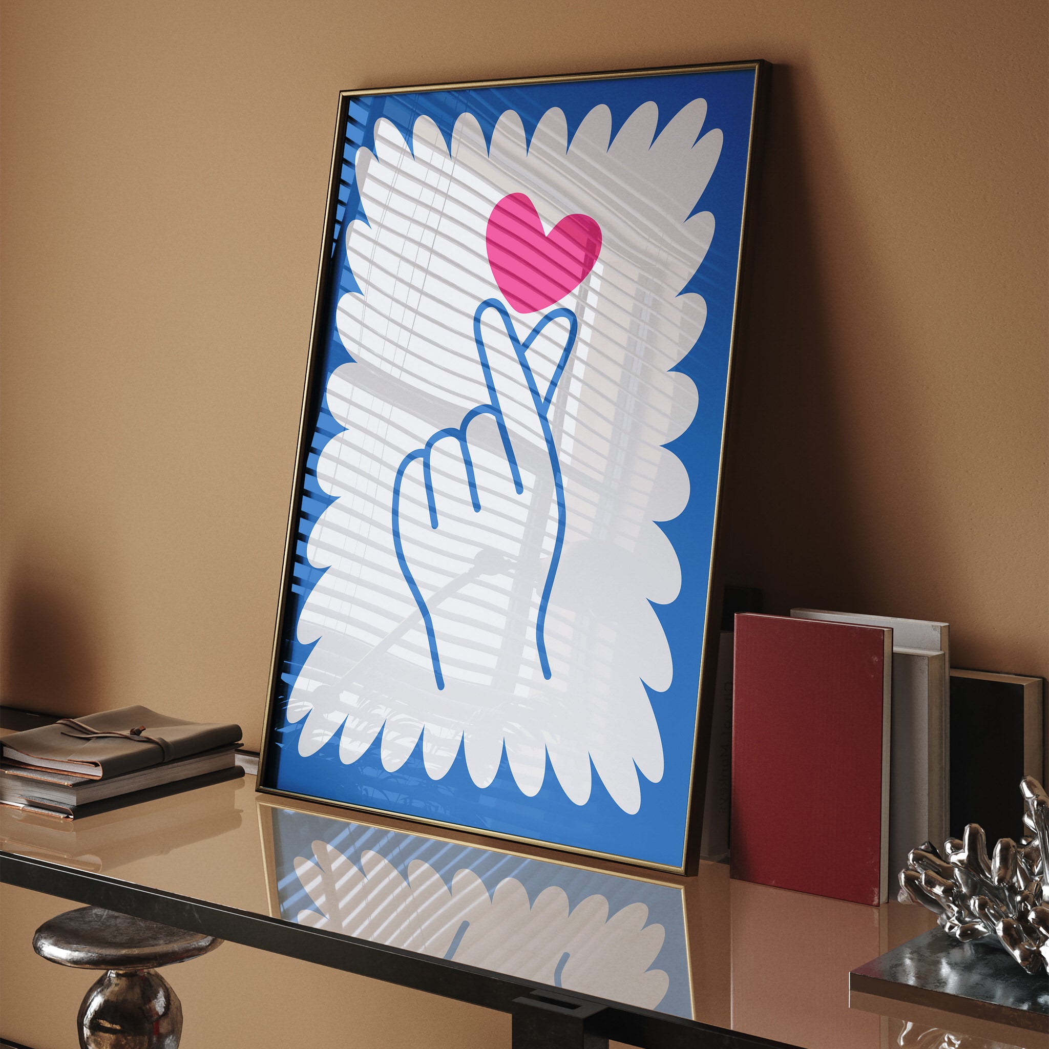 Bold blue and pink heart poster with hand gesture for love