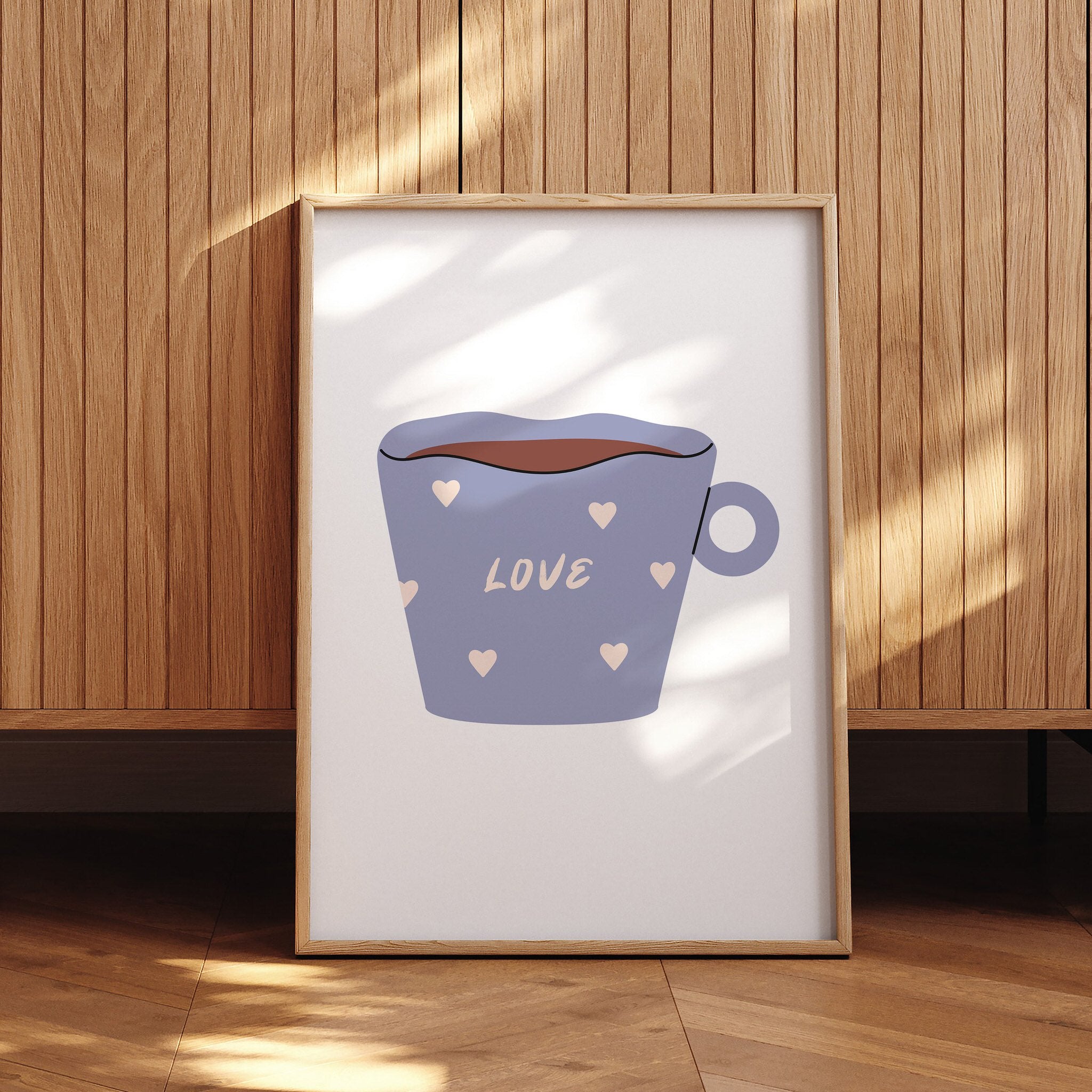 Cute purple coffee cup poster for kitchen decor with a love and heart theme.