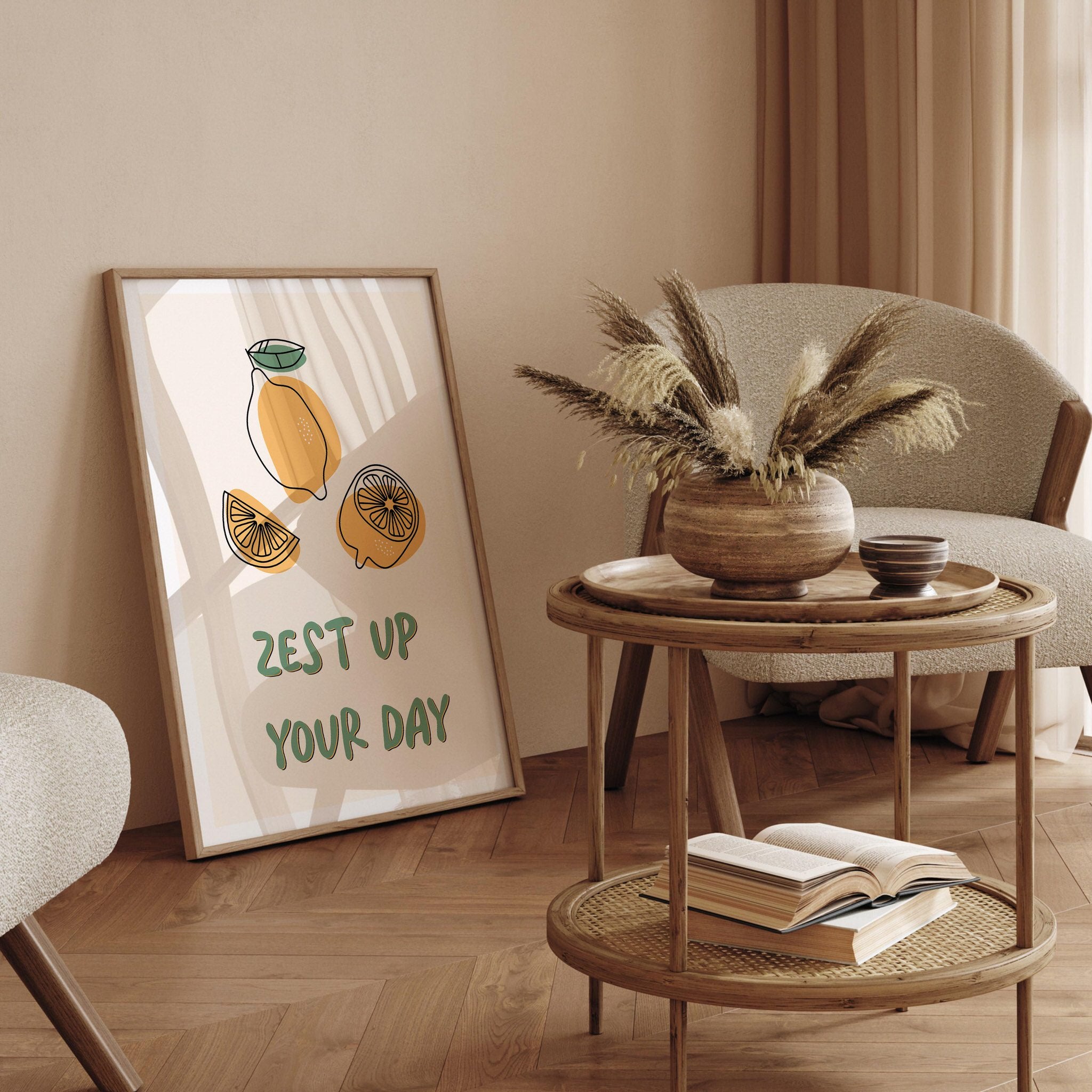 Inspirational lemon poster with "Zest Up Your Day" message for dining room decor.