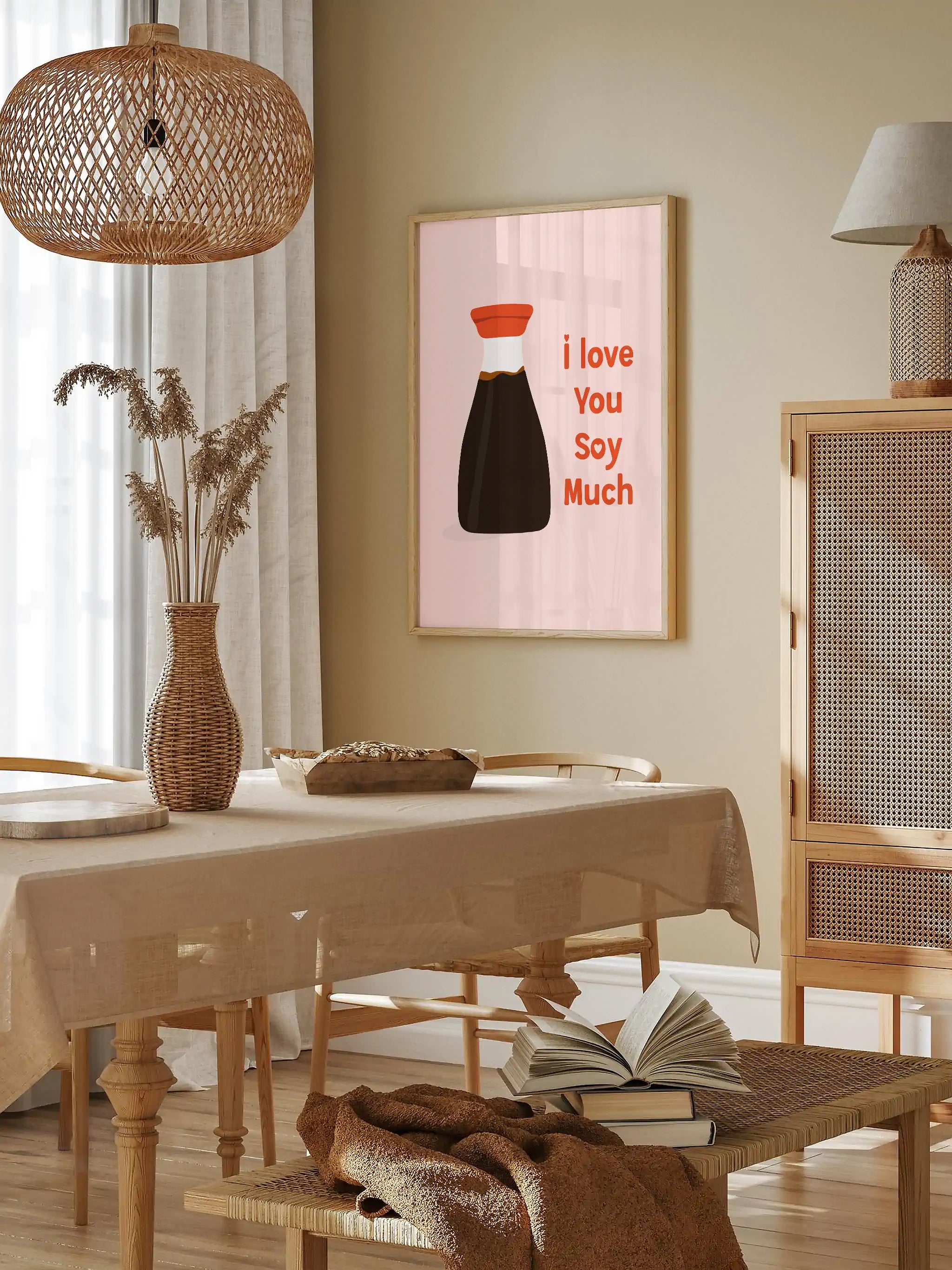 Cute and quirky soy sauce-themed kitchen decor with a humorous message.