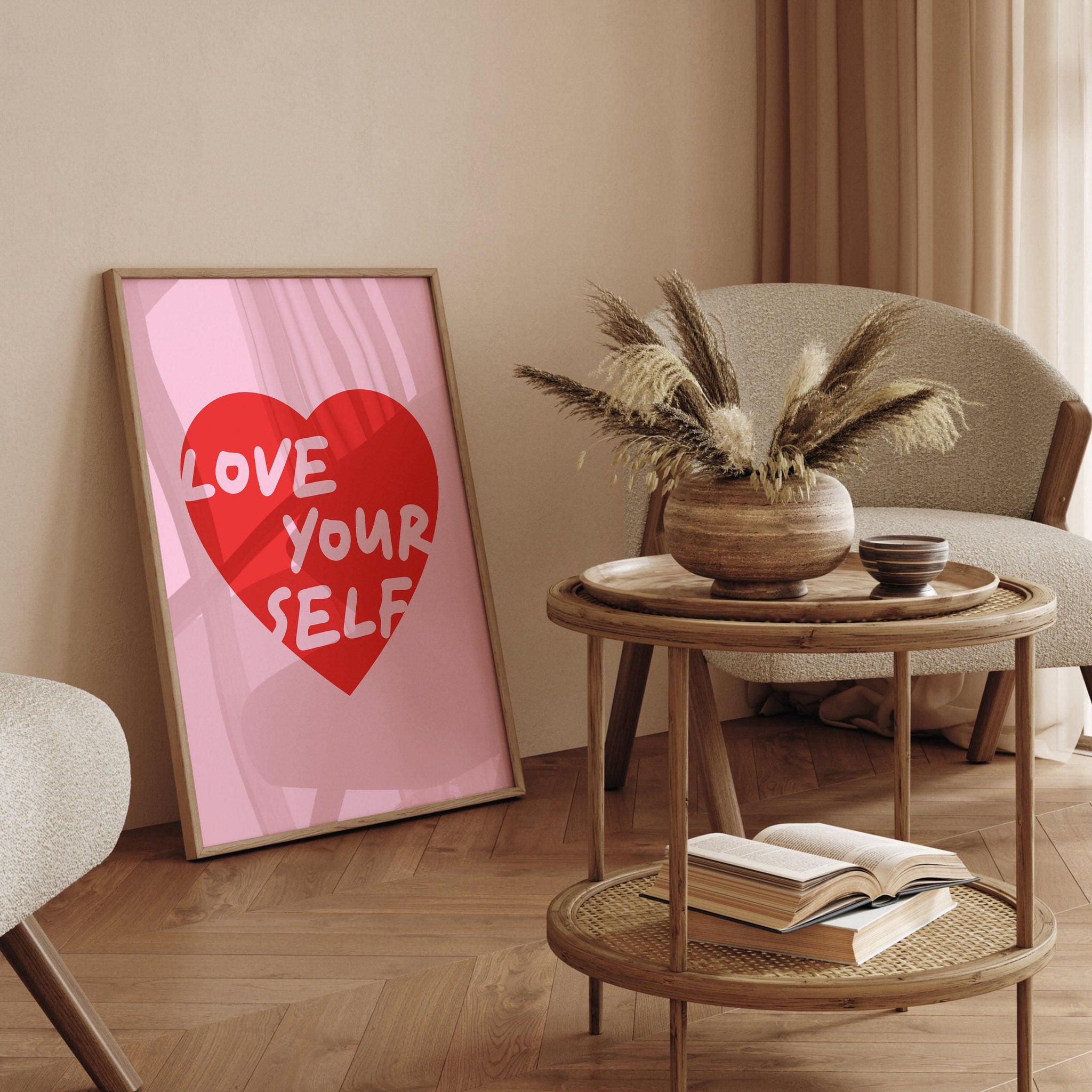 Printed "Love Yourself" heart poster for bedroom or office decor.