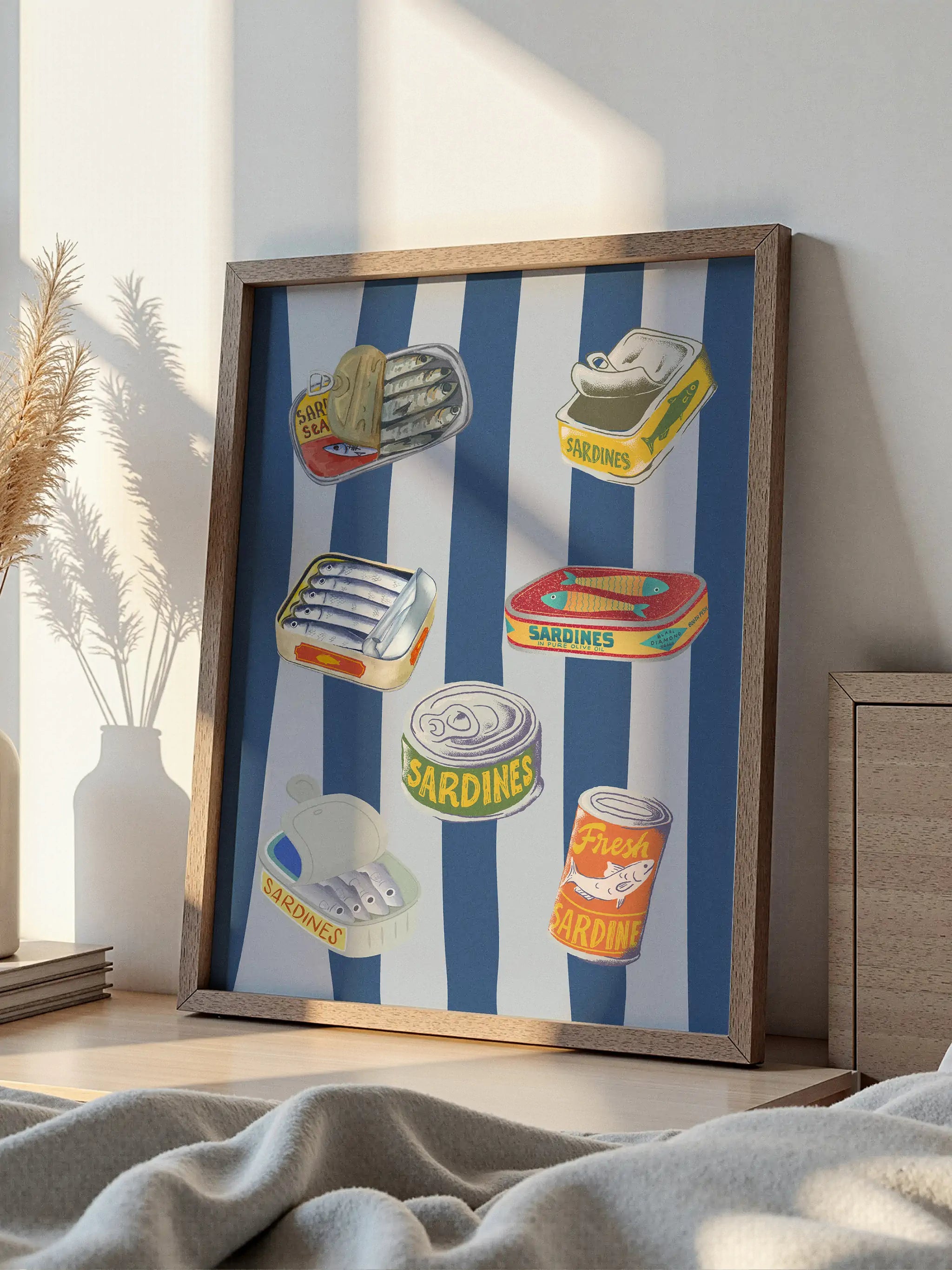 Fun and artistic sardine can illustration with a bold, striped background