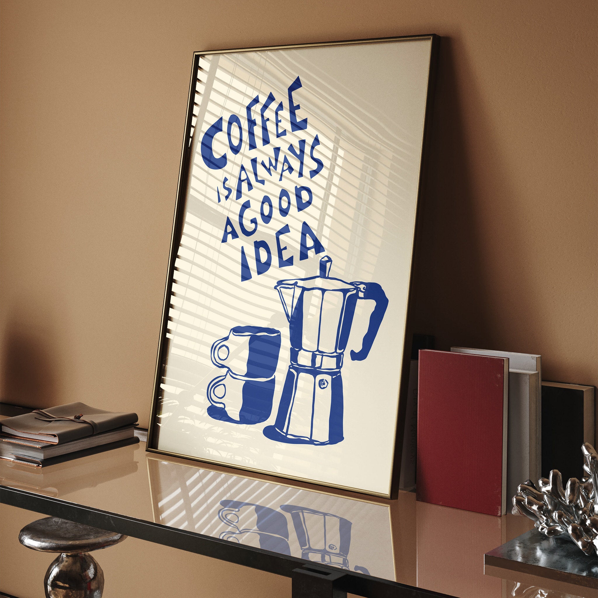 Retro-inspired coffee lover's poster with a moka pot and coffee cups, featuring the quote "Coffee is always a good idea
